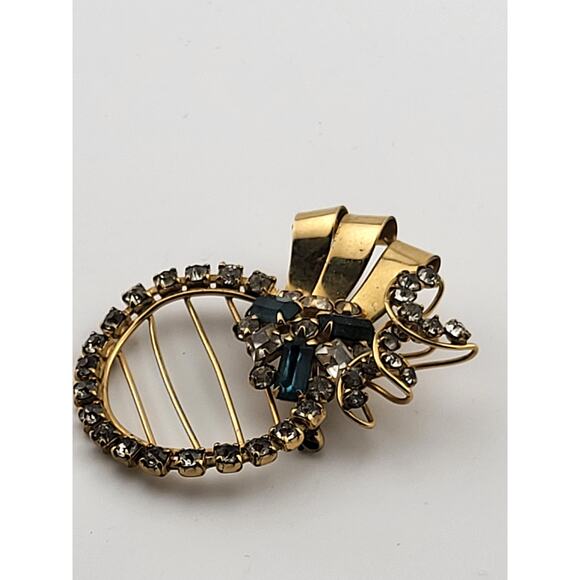 Vintage 1/20 12K GF MES Rhinestone Brooch Pendant Blue Clear Art Deco Style - Picture 3 of 9
